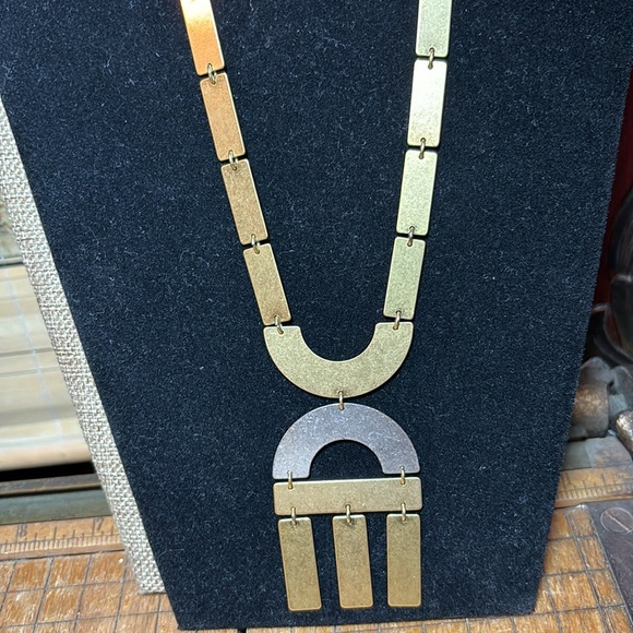 Gold Tone Metal Geometric Link Necklace 21.5”L Earthy Tribal Boho EVC Signed M - Picture 3 of 9